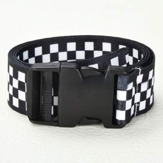 1pc Adjustable Buckle Woven Belt, Black, Checkerboard Pattern, Fashionable Waist Accessory, 130cm Length, Suitable For Fall, Autumn, Halloween