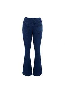 Women's Casual Solid Color Elastic Waist Flare Leg Jeans, Autumn/Winter - Medium Wash - View 8