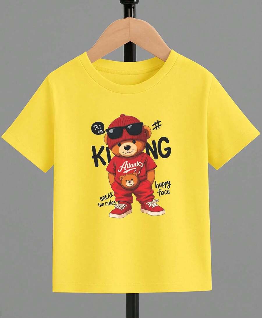 Camiseta para niño de 4 a 15 años de cuello redondo y manga corta con diseño de BEAR KING, casual y creativa para niño - Amarillo - Ver 1