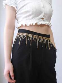 1pc New Arrival Multi-Layer Wave & Leaf Shaped Waist Chain For Women, Fashionable Body Chain - Silver - View 6