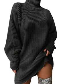 Suéter de cuello alto con hombros caídos para mujer, falda de suéter cálida de invierno, suéter casual - Negro - Ver 2