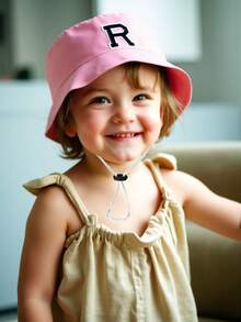 1顶幼儿宝宝A-Z字母图案渔夫帽，可调节抽绳，休闲帽，适合男孩女孩旅行、海滩度假 - 粉色 - 查看 2