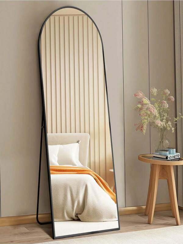 Aluminum Alloy Full Length Mirror – Black, 59"X16"– Arched, Explosion-Proof For Bedroom/Gym, Stand/Hang, 1 Piece