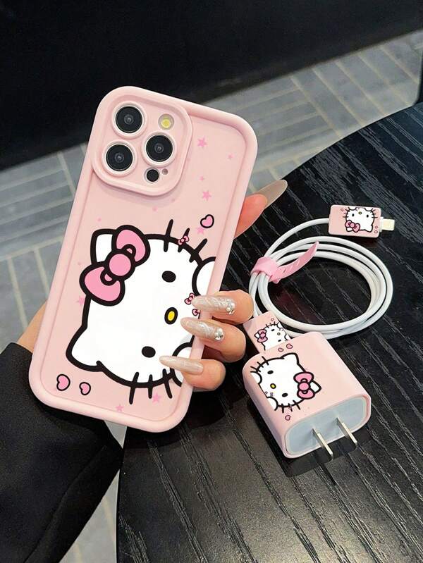 Sanrio 5pcs Hello Kitty Phone Case Set Compatible With Iphone 17, 17 Air, 17 Pro, 17 Pro Max, Includes Phone Case, Charger Head Cover, Data Cable Protector, And Lanyard, Compatible With IPhone 13, 14 Pro Max, 15 Pro Max, 11, 14 Plus, 15 Plus, XS Max, 16, 16 Plus, 16 Pro, 16 Pro Max Nan Charger Protector Charger Case Phone Accessories