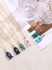 1pc Minimalist Elegant Natural Stone Inlaid Faux Turquoise Titanium Steel Necklace, Boho Style, 18K Gold Plated, Fashionable Women's Jewelry, Suitable For Daily Wear, Vacation, Party, Music Festival, Celebration And Holiday, Delicate And Simple Accessory Gift. (Natural Stone May Have Slight Color Difference.)