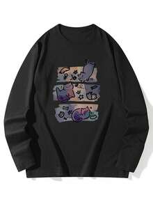 女士宽松卡通印花长袖棉质T恤，百搭春秋装 - 黑色 - 查看 3