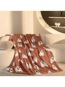 Kürbisfarben-weißer Geist Halloween Muster Decke - gestrickter Polyester Fleece, moderne digitale Bedruckung, Cartoon Thema, ganzjährig komfortable Heim Dekoration Tagesdecke, maschinenwaschbar