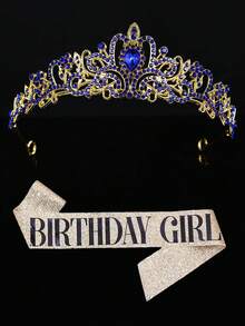 1 Set Minimalist Fashion Women's Birthday Crown Outfit, Zinc Alloy Crown, Birthday Girl Shoulder Strap, Birthday Party Princess Costume Set - Gold - View 3