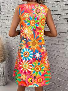 Colorful Print Sleeveless Midi Dress, Slimming & Energetic