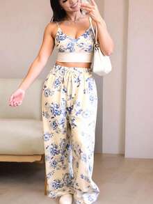 2 pzs Conjunto de mujer: Top corto con hombros descubiertos y manga larga & Pantalones acampanados, unicolor - Azul y blanco - Ver 2