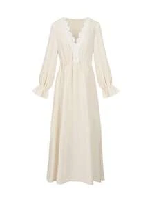 ii 复古波西米亚风高腰花卉蕾丝长裙，V领飘逸袖子