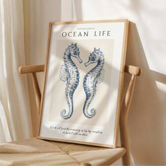 1pc Frameless Vintage Navy Seahorse Print, Coastal Bathroom Wall Art With Linen Texture, Neutral Marine Poster For Spa Bathroom & Beach House Decor | Hamptons Style, Dorm Essentials