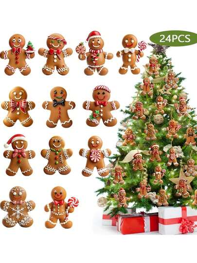 24 piezas/12 piezas Adornos de hombrecillos de jengibre de madera, colgantes para el árbol de Navidad, decoración de chimenea navideña, decoración para la parte superior del árbol de Navidad, decoración de escena de Año Nuevo