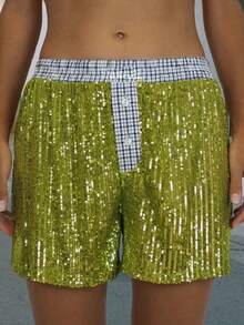 Women's Pajama Shorts Sparkly Sequined Striped Trim Low Rise Sleep Shorts For Summer - Green - View 3