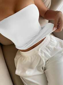 Vaiaye 女士无缝无肩带纯色弹力修身吊带背心，时尚无肩带基础款背心，适合春夏穿着 - 白色 - 查看 6