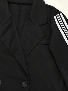 2pcs Women's Striped Ribbon Double-Breasted Blazer Jacket And Straight Leg Pants, Office & Casual Wear Spring Black - Black - View 8