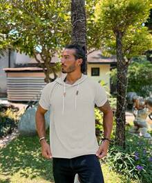 Men's Short Sleeve Hoodie Shirt Casual Waffle Knitted Pullover Sweaterhalloween - Màu Xám nhạt - Xem 2