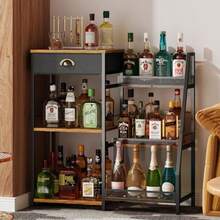 Liquor Cabinet Bar For Home With Drawer 3Tier Wine Rack Freestanding Floor And Wine Shelf With Step Design For Whiskey Spirits Vintage Mini Bar For Kitchen Apartment - RusticBrown - View 4