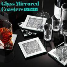 2pcs Crystal Glass Coasters With Simple Diamond Filling And Mirror Surface, 2 Square & 2 Round, Suitable For Home Daily Use Or Party Decoration - Silver - View 3