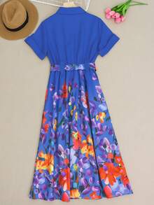 Đầm nữ mới in hoa, cổ tròn, ôm eo, thời trang thanh lịch, cài cúc, dáng xòe, thích hợp cho mùa hè. - Màu xanh lam - Xem 3