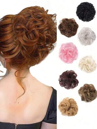 Messy Bun Hair Curls Synthetic Wavy bun ponytail Hair Extensions Thick updo Bun Women Girls 6 inch, pale grayish brown and bleached blonde