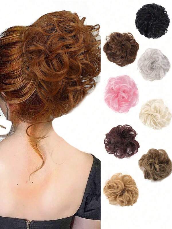 Messy Bun Hair Curls Synthetic Wavy bun ponytail Hair Extensions Thick updo Bun Women Girls 6 inch, pale grayish brown and bleached blonde