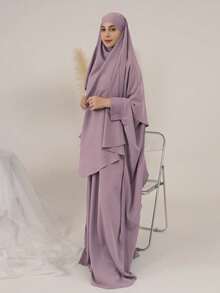 2 Stück einfarbiges Khimar + Abaya Set, locker & bequem mit Krawatte, Abaya mit Reißverschluss vorne, Manschetten, passend für alle, Länge 143cm, geeignet für täglichen Gebrauch, Gebet und Ausgehen von Frauen