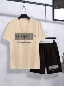 Bộ 2 chiếc/bộ áo thun cổ tròn tay ngắn thoáng khí họa tiết Los Angeles thường ngày cho bé trai lớn tuổi và quần short in họa tiết phù hợp, mùa xuân/hè - Màu be - Xem 1