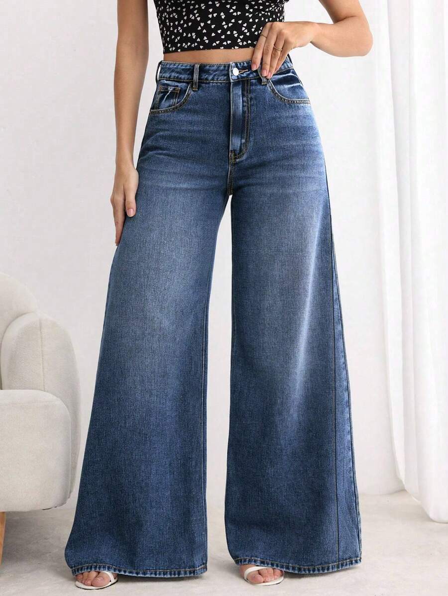 Pantalones Palazzo de Mezclilla de Cintura Alta para Mujer: Vaqueros Anchos para Estilos Casuales y Elegantes Bolsillos delanteros de botones femeninos ocio relajado retro lavado pantalones de piernas anchas para cubrir la carne delgada pantalones de campana nuevos y de moda,pantalon de mezclilla dama,san valentín ropa,pantalones de mujer,Azul oscuro retro - Azul - Ver 1