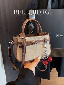Casual Contrast Color Texture Versatile Commute Retro Leather Buckle Small Handbag With Pendant For Women - Coffee - View 2