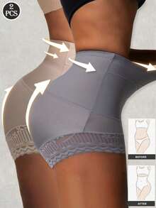 2Pcs High Waist Tummy Control Shaping Panties Comfortable Postpartum Body Shapewear Seamless Butt Lifter Underwear Women Lace Trim Waist Trainer Tummy Control Shorts