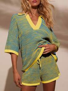 Women's Oversized Sweater Set 2 Piece Lounge Outfits V Neck Knit Top And Shorts - Màu xanh lam - Xem 4