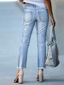 Y2K Street Cropped Jeans Stretchy High Waist Distressed Ripped Raw Fray Hem Slim Fit Slant Pockets Jeans Office Autumn For Women