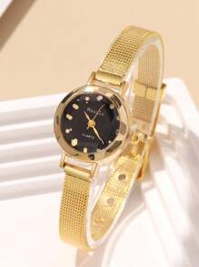 1pc Fashion Creative Versatile Petite Personalized Women's Quartz Watch, Round Minimalist Dial, Alloy Strap, Suitable For Sisters, Couples, Daily Wear And Holiday Gifts - Gold - View 18