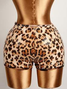 Summer Sexy Colorblock Slim Fit Shorts Cheetah Print Sequins Booty Shorts Party Festival Outfits For Women - 棕色 - 查看 2