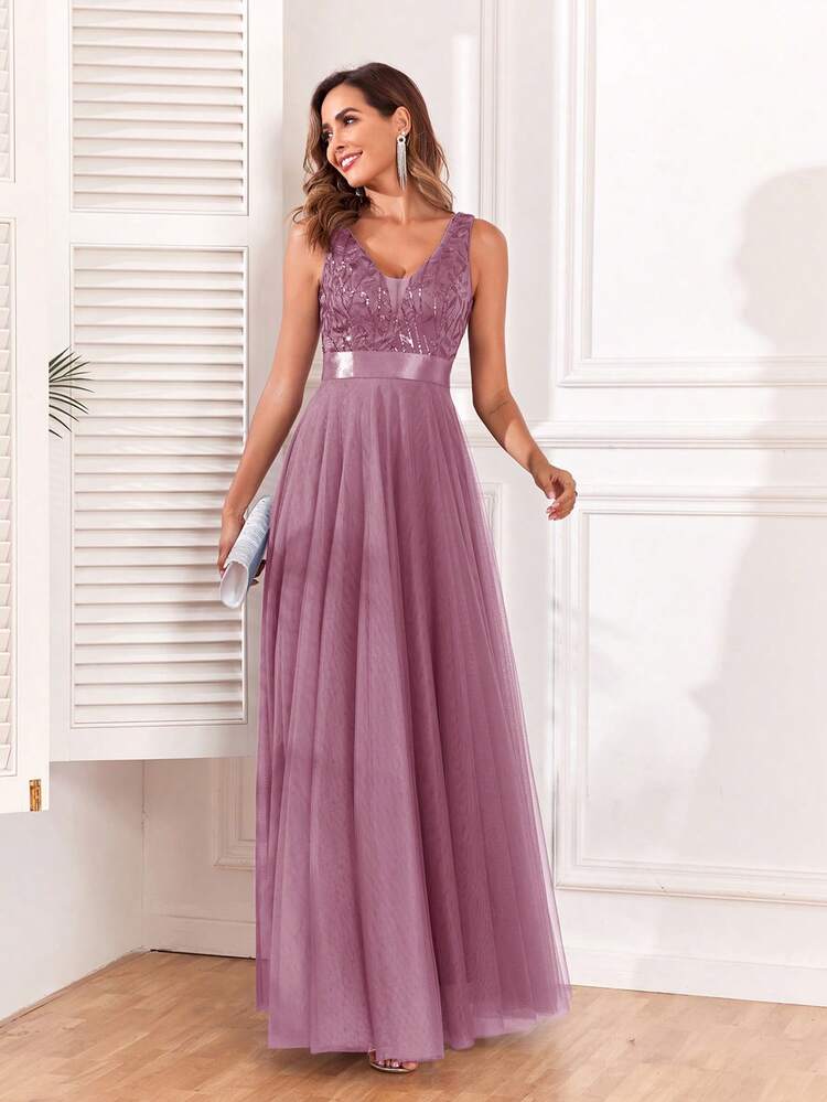 V-Ausschnitt ärmellos besticktes Mesh A-Linien Brautjungfernkleid, elegantes Abendkleid, formelles Hochzeitsgast-Kleid, Abschlussfeier-Kleid, Abendkleid Frühling - Altrosa - Übersicht 6