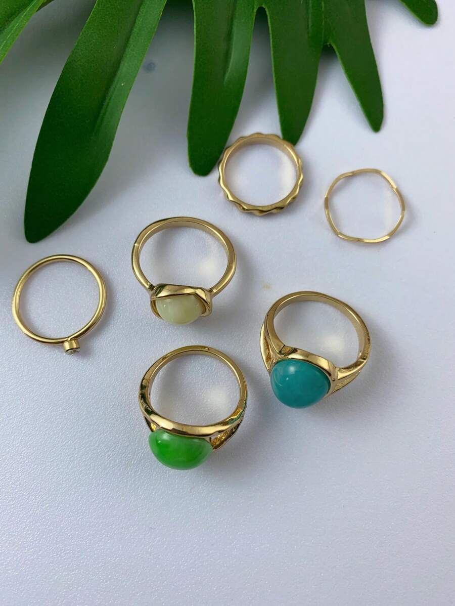 6pcs/Set Vintage Creative Personalized Geometric Faux Jade Stone Rings Set