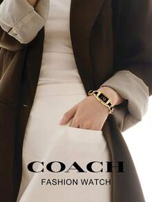 Coach Đồng hồ đeo tay thạch anh tông vàng dành cho nữ với vòng đeo tay hai tông màu Đồng hồ vỏ hình chữ nhật sang trọng dành cho nữ Đồng hồ quà tặng thanh lịch Đồng hồ analog dành cho nữ - màu đen - Xem 3