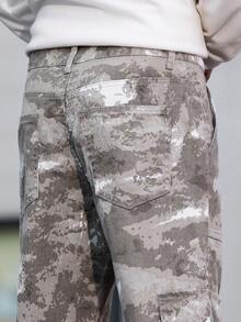 1pc American Casual Brand Camouflage Men's Multi-Pocket Skinny Jeans, Comfortable Washed Denim Pants (No Belt Or Accessories) - Beige - View 11