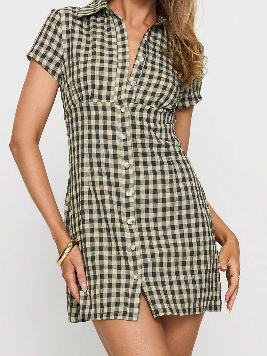 Women Plaid Shirt Dress Slim Fit Collared Short Sleeve Button-Up A-Line Mini Dress Casual Summer Streetwear - Black - View 1
