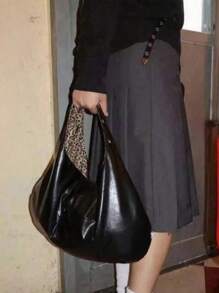 Cheetah Print Handbag, Large Capacity Student Shoulder Bag, Can Be Worn Double-Sided Under The Arm, Suitable For College Students - Black - View 2