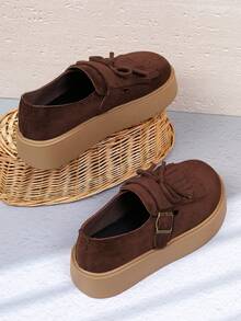 女士厚底蝴蝶结流苏扣厚底平底乐福鞋，玛丽珍一脚蹬鞋，韩版 - 深棕色 - 查看 3