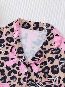 2 件豹纹蝴蝶结女士睡衣套装，时尚柔软的装扮，舒适的长袖有领纽扣衬衫，配有胸袋和宽松的抽绳裤，适合节日派对、休闲户外和室内穿着、秋冬、秋季服装 - 彩色 - 查看 3