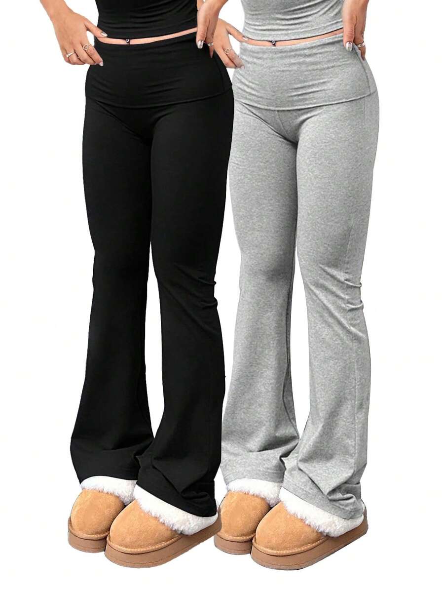 2pcs/Set Trouser Style Yoga Pants For Women Elastic Waist Gym Workout Flare Leggings Casual High Waisted Bootcut Yoga Pants - 黑色+淺灰色 - 查看 1