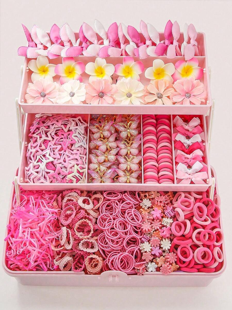 548pcs/Set Girls' Pink Fabric Bow Hair Clips, Elastic Hair Ties, Butterfly Hair Claws, Bangs Clips, Versatile Daily Use - Multicolor - View 1