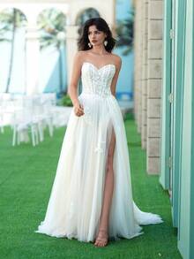 ANGELAG Strapless Heart-Shaped Lace Embroidered Beaded Slit Long Wedding Dress - Rice Skin - View 3