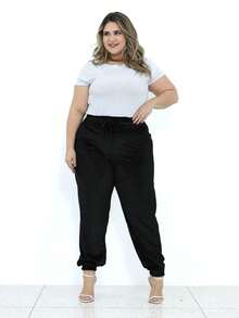 Women's Plus Size Plain Velvet Jogger Pants Comfortable Elastic - 黑色 - 查看 2