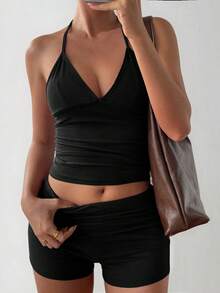 GAOVOT Women's Two Pieces Sexy Young Hot Sports Casual Running Exercise V-Neck Neck Top And Tight Shorts Suit - màu đen - Xem 6