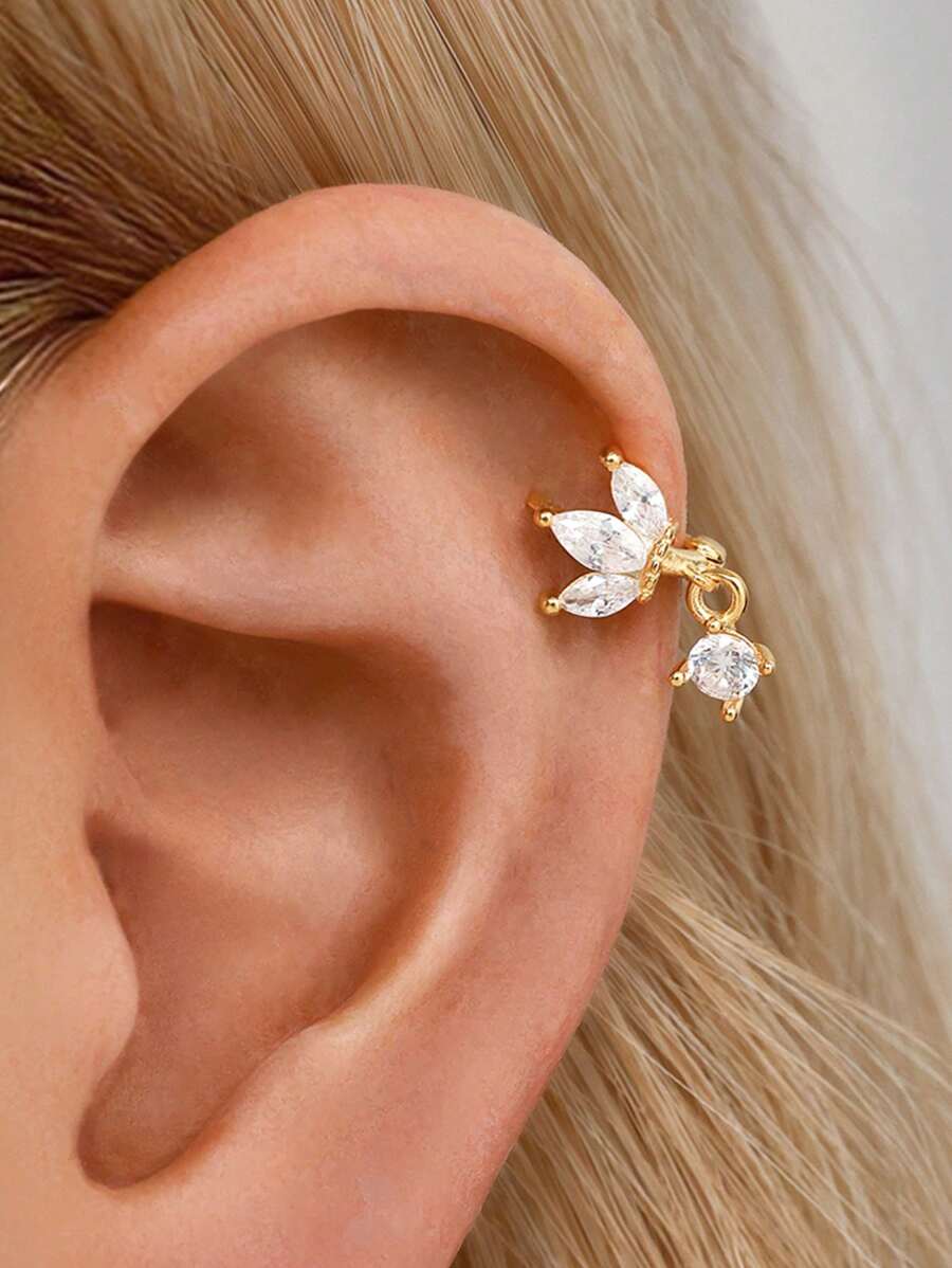 1件精致925纯银四叶草造型锆石耳夹耳环，带吊坠，低致敏性，适合女性日常佩戴 - 三葉草+圓鑽吊墜耳圈 - 查看 1