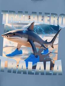 青少年/大童男孩 Tralalero Tralala 運動鞋，四足鯊魚 AI 圖案，休閒百搭寬鬆運動街頭學院風，含舒適長袖運動衫 - 牛仔藍 - 查看 3